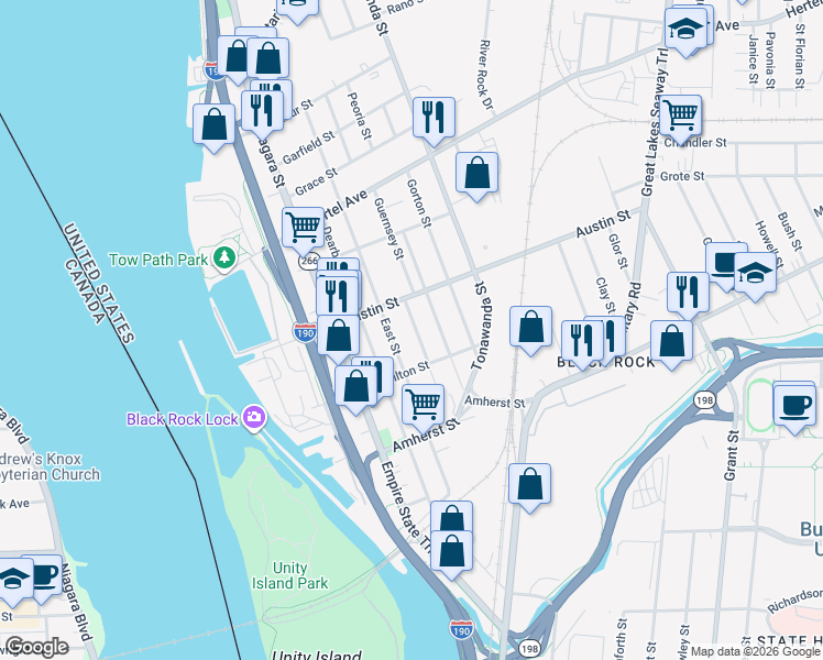 map of restaurants, bars, coffee shops, grocery stores, and more near 219 East Street in Buffalo