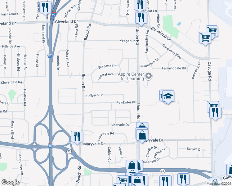 map of restaurants, bars, coffee shops, grocery stores, and more near 101 Balbach Drive in Buffalo