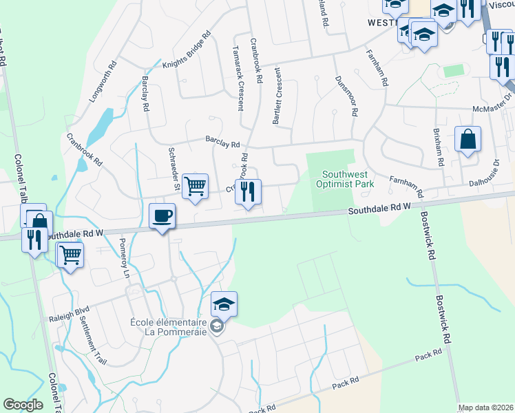 map of restaurants, bars, coffee shops, grocery stores, and more near 947 Adirondack Road in London