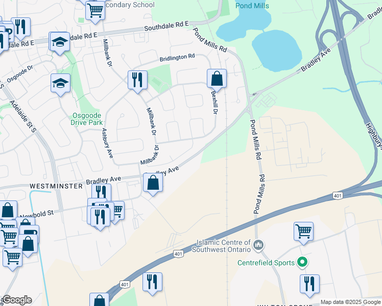 map of restaurants, bars, coffee shops, grocery stores, and more near 87 Chancton Crescent in London