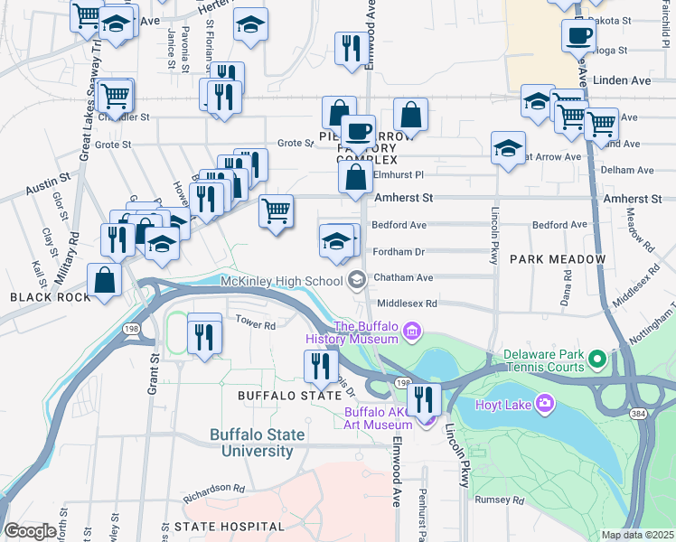 map of restaurants, bars, coffee shops, grocery stores, and more near 1500 Elmwood Avenue in Buffalo