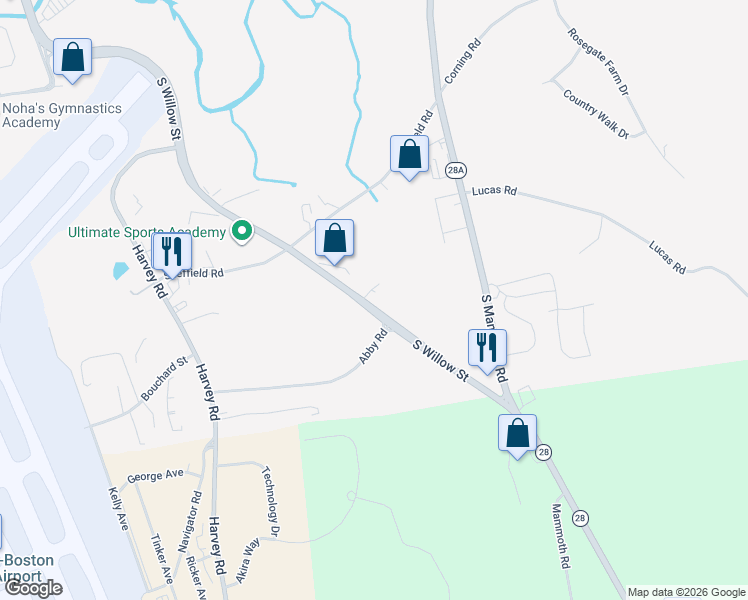 map of restaurants, bars, coffee shops, grocery stores, and more near 11206-11356 S Willow St in Manchester
