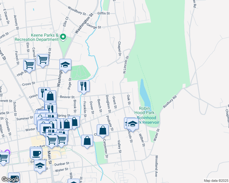 map of restaurants, bars, coffee shops, grocery stores, and more near 223 Beaver Street in Keene