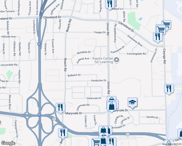 map of restaurants, bars, coffee shops, grocery stores, and more near 101 Balbach Drive in Buffalo
