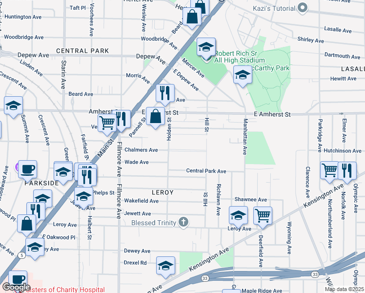 map of restaurants, bars, coffee shops, grocery stores, and more near 129 Holden Street in Buffalo