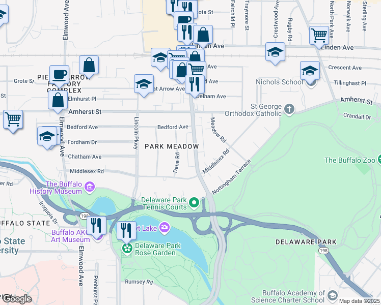 map of restaurants, bars, coffee shops, grocery stores, and more near 37 Dana Road in Buffalo