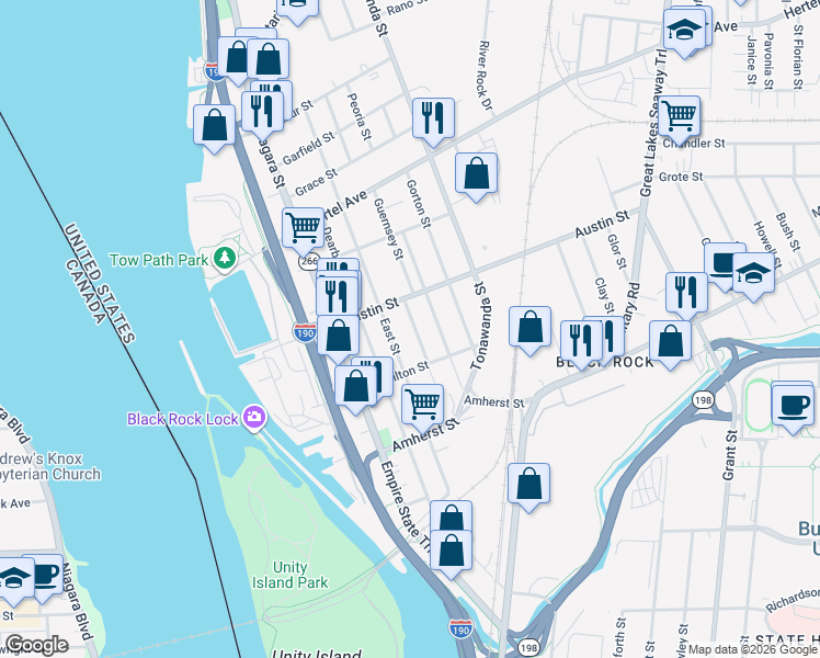 map of restaurants, bars, coffee shops, grocery stores, and more near 219 East Street in Buffalo