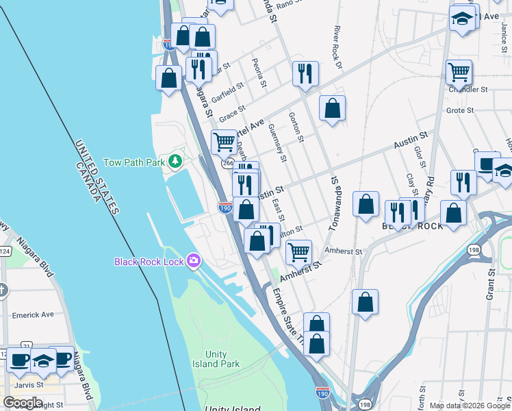 map of restaurants, bars, coffee shops, grocery stores, and more near 310 Dearborn Street in Buffalo