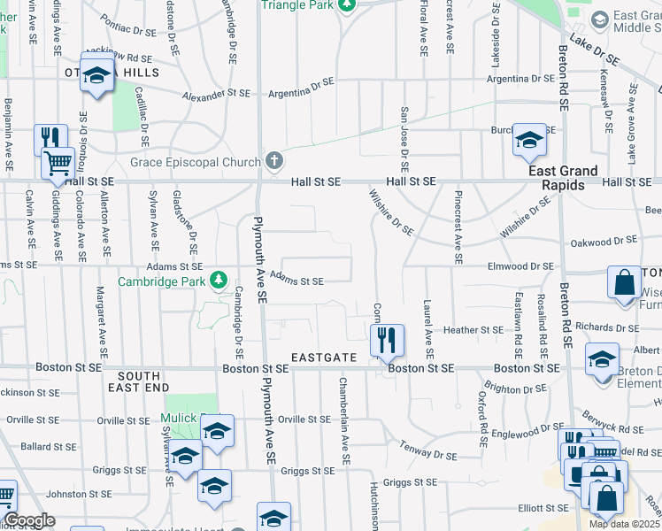 map of restaurants, bars, coffee shops, grocery stores, and more near 1918 Adams Street Southeast in Grand Rapids
