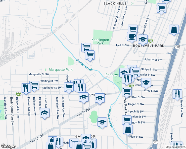 map of restaurants, bars, coffee shops, grocery stores, and more near 1550 Ellen Avenue Southwest in Wyoming