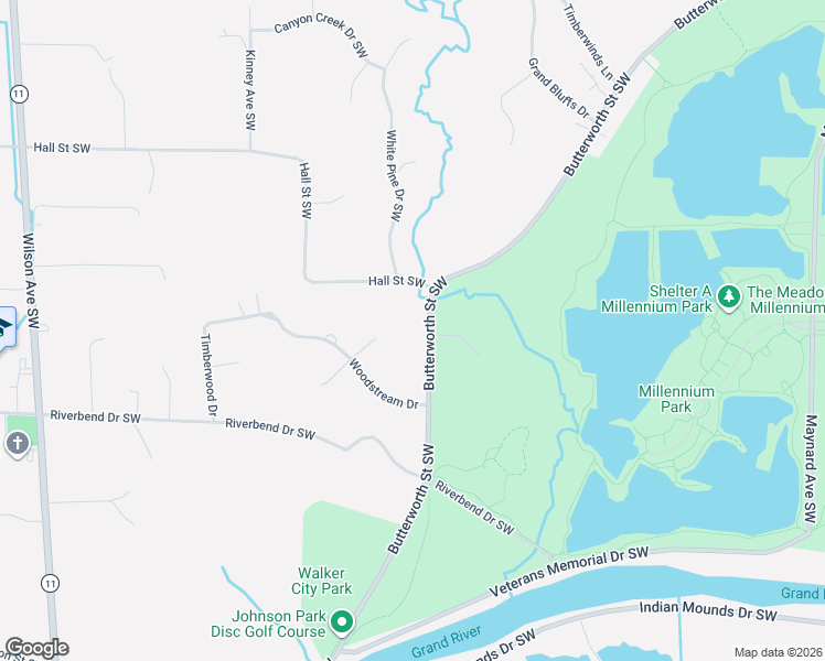 map of restaurants, bars, coffee shops, grocery stores, and more near 3825 Butterworth Street Southwest in Grand Rapids