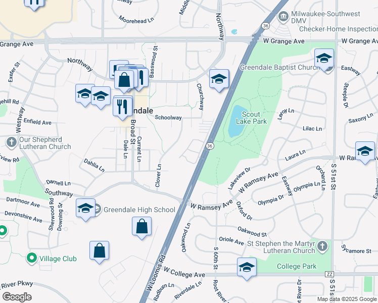 map of restaurants, bars, coffee shops, grocery stores, and more near 6181 Churchwood Circle in Greendale