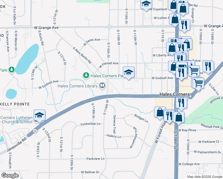 map of restaurants, bars, coffee shops, grocery stores, and more near 11510 West Janesville Road in Hales Corners