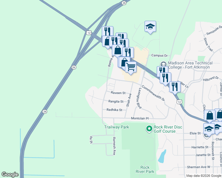 map of restaurants, bars, coffee shops, grocery stores, and more near 1521 Raveen Street in Fort Atkinson