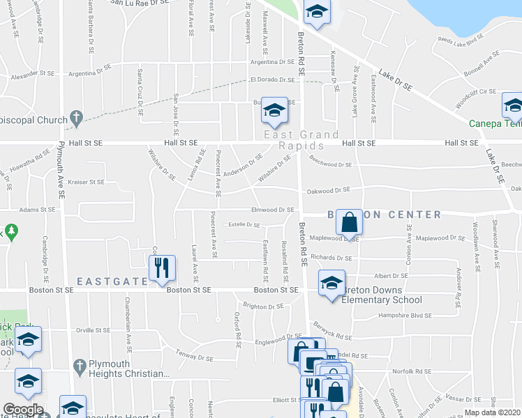 map of restaurants, bars, coffee shops, grocery stores, and more near 1399 Eastlawn Road Southeast in East Grand Rapids