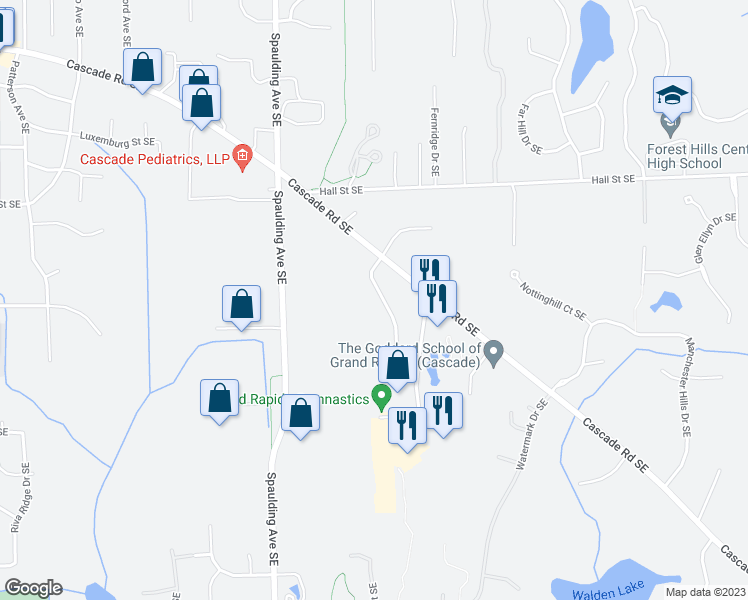 map of restaurants, bars, coffee shops, grocery stores, and more near 1515 Arboretum Drive Southeast in Grand Rapids
