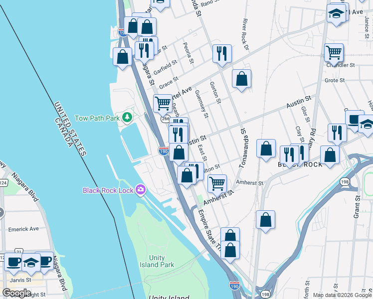 map of restaurants, bars, coffee shops, grocery stores, and more near 310 Dearborn Street in Buffalo