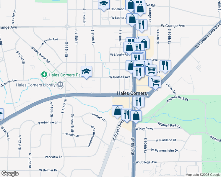 map of restaurants, bars, coffee shops, grocery stores, and more near 11060 West Janesville Road in Hales Corners
