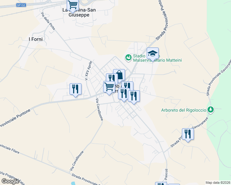 map of restaurants, bars, coffee shops, grocery stores, and more near 1b Via Eugenio Curiel in Bagno di Gavorrano