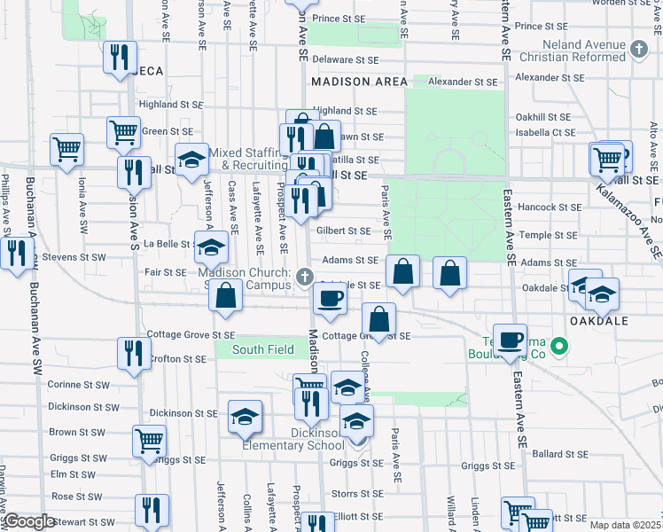 map of restaurants, bars, coffee shops, grocery stores, and more near 426 Adams Street Southeast in Grand Rapids
