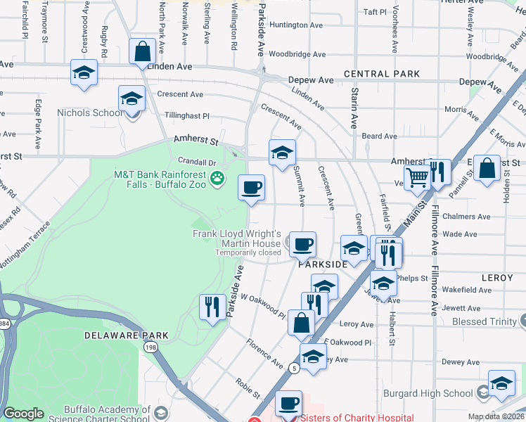map of restaurants, bars, coffee shops, grocery stores, and more near 21 Russell Street in Buffalo