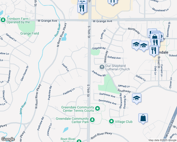 map of restaurants, bars, coffee shops, grocery stores, and more near S 76th St & Parkview Rd in Greendale