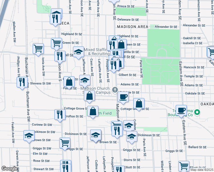 map of restaurants, bars, coffee shops, grocery stores, and more near 1405 Prospect Avenue Southeast in Grand Rapids