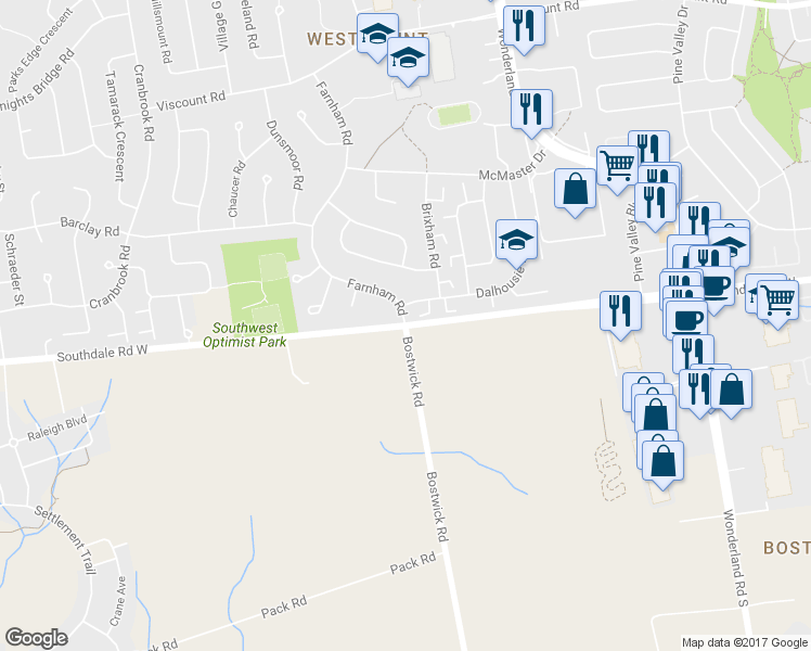 map of restaurants, bars, coffee shops, grocery stores, and more near 3095 Bostwick Road in London