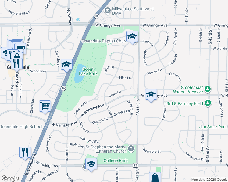 map of restaurants, bars, coffee shops, grocery stores, and more near 5441 Laura Lane in Greendale