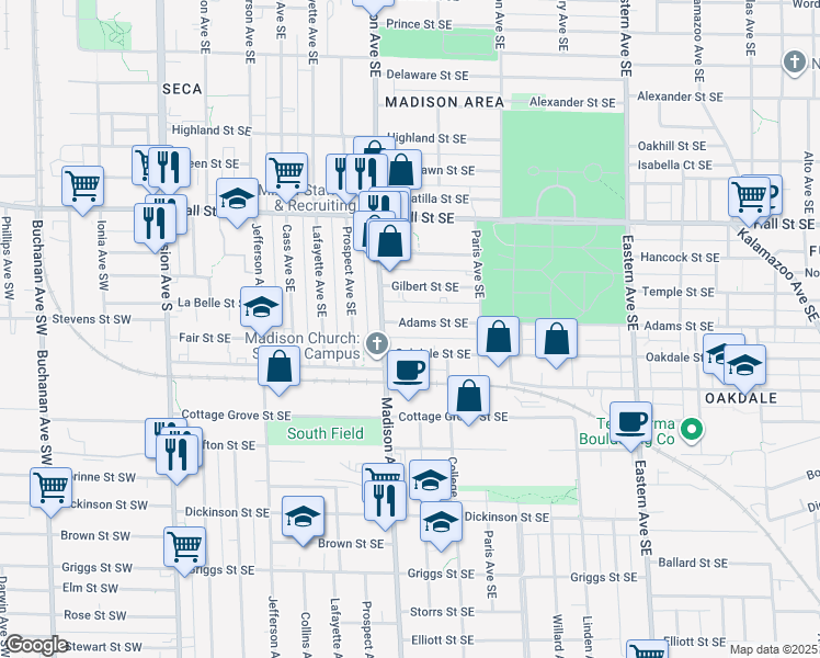 map of restaurants, bars, coffee shops, grocery stores, and more near 426 Adams Street Southeast in Grand Rapids