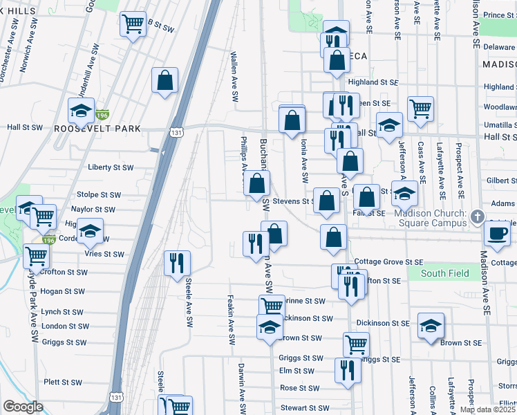 map of restaurants, bars, coffee shops, grocery stores, and more near 1435 Buchanan Avenue Southwest in Grand Rapids