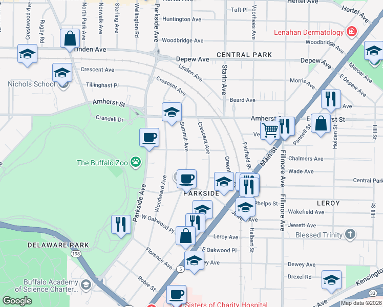map of restaurants, bars, coffee shops, grocery stores, and more near 152 Summit Avenue in Buffalo