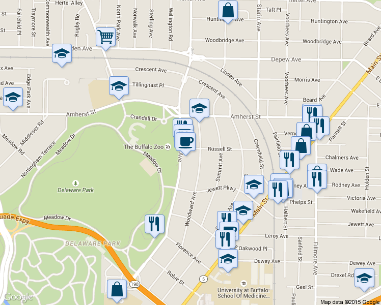 map of restaurants, bars, coffee shops, grocery stores, and more near 273 Parkside Avenue in Buffalo