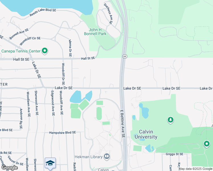 map of restaurants, bars, coffee shops, grocery stores, and more near 1475 Knollcrest Circle Southeast in Grand Rapids