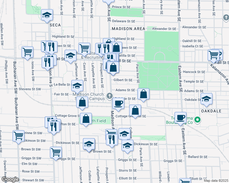 map of restaurants, bars, coffee shops, grocery stores, and more near 1421 Madison Avenue Southeast in Grand Rapids