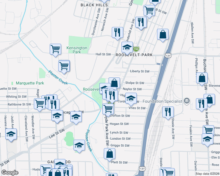 map of restaurants, bars, coffee shops, grocery stores, and more near 719 Van Raalte Drive Southwest in Grand Rapids