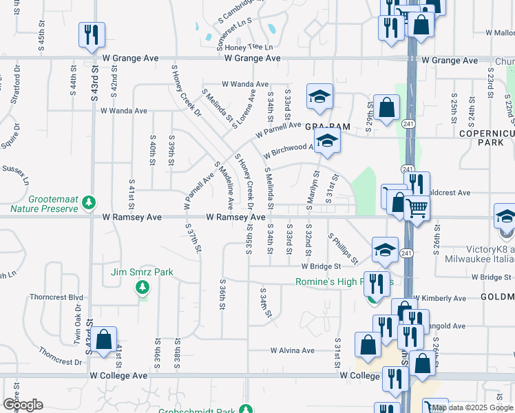 map of restaurants, bars, coffee shops, grocery stores, and more near 3421 West Ramsey Avenue in Greenfield