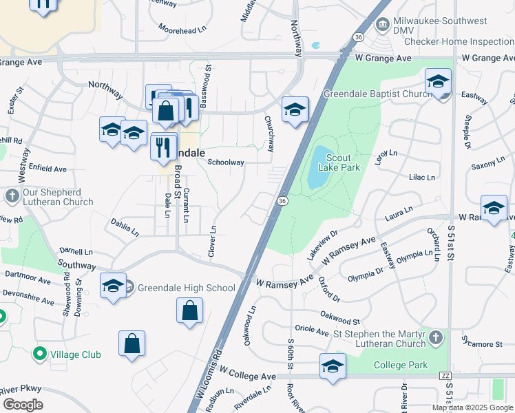 map of restaurants, bars, coffee shops, grocery stores, and more near 6181 Churchwood Circle in Greendale