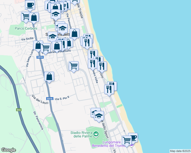 map of restaurants, bars, coffee shops, grocery stores, and more near 143 Via Alessandro Volta in San Benedetto del Tronto