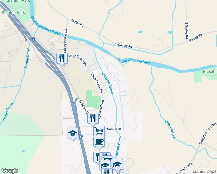 map of restaurants, bars, coffee shops, grocery stores, and more near 181 Beaver Lane in Canyonville