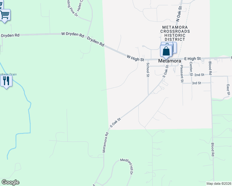 map of restaurants, bars, coffee shops, grocery stores, and more near 4214-4298 South Oak Street in Metamora