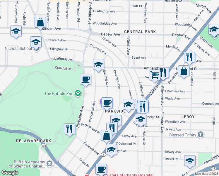 map of restaurants, bars, coffee shops, grocery stores, and more near 152 Summit Avenue in Buffalo