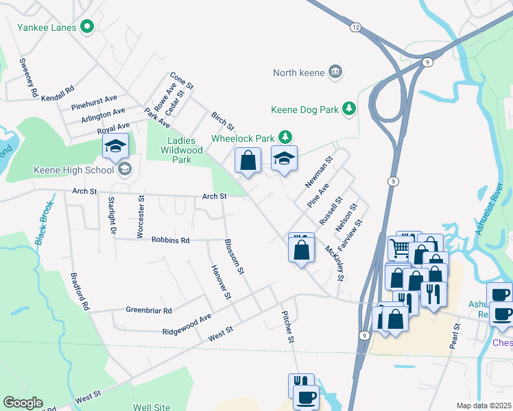 map of restaurants, bars, coffee shops, grocery stores, and more near 79 Park Avenue in Keene