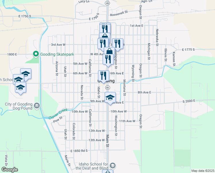 map of restaurants, bars, coffee shops, grocery stores, and more near 737 Main Street in Gooding