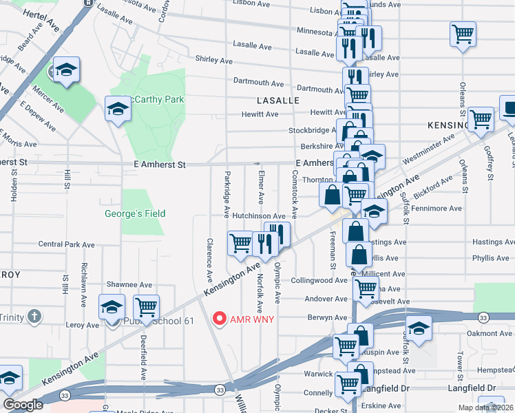 map of restaurants, bars, coffee shops, grocery stores, and more near 84 Elmer Avenue in Buffalo