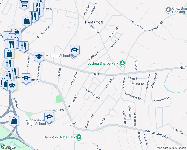 map of restaurants, bars, coffee shops, grocery stores, and more near 2 Eastmor Lane in Hampton