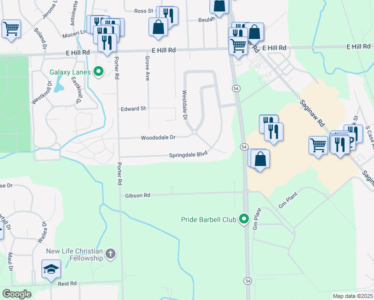 map of restaurants, bars, coffee shops, grocery stores, and more near 6294 Springdale Boulevard in Grand Blanc