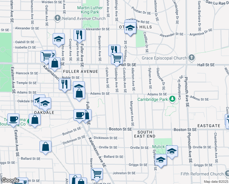 map of restaurants, bars, coffee shops, grocery stores, and more near 1351 Giddings Avenue Southeast in Grand Rapids