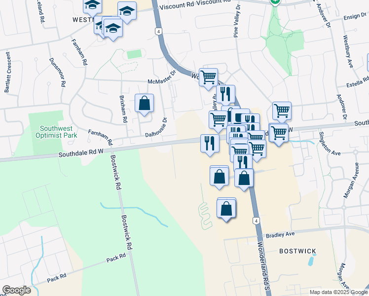map of restaurants, bars, coffee shops, grocery stores, and more near 467 Southdale Road West in London