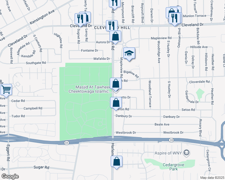 map of restaurants, bars, coffee shops, grocery stores, and more near 3478 Harlem Road in Cheektowaga